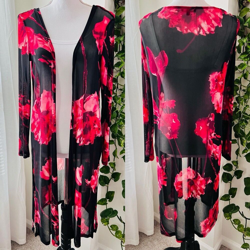 Clearance🎉Iris Black & Red Rose Floral Sheer Lightweight Duster Cardigan Small